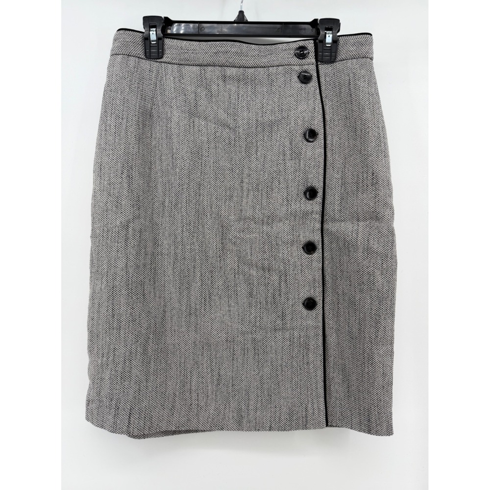 H&M Grey Herringbone Faux Wrap Pencil Skirt Button Detail Size 10